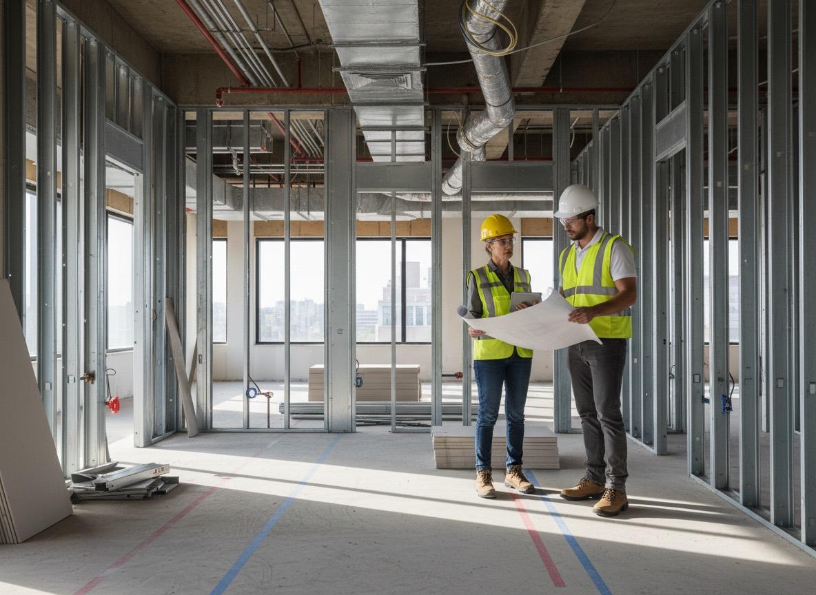 Commercial construction leads reviewing plans inside an active interior buildout