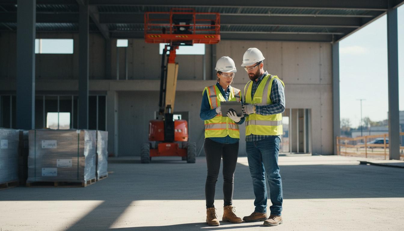 Construction coordination inside a commercial shell with staged materials and lift access